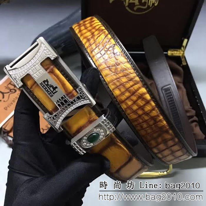 愛馬仕HERMES 純手工美洲鱷魚無拼接肚皮 自動高端男士皮帶 HHG1077